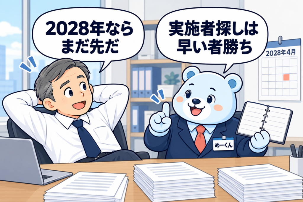 1コマ漫画：2028年ならまだ先だと言う社長に、めーくんが「実施者探しは早い者勝ちです」