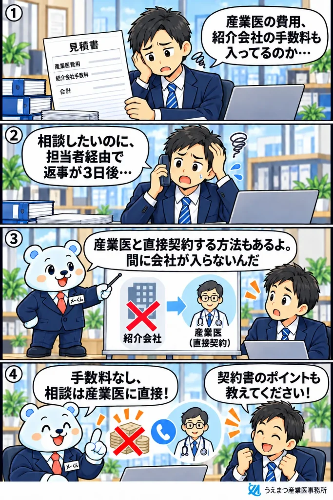 4コマ漫画「産業医と直接契約する方法」:紹介会社の手数料や担当者経由の返事の遅さに悩む総務担当者に、メーくんが産業医と直接契約すれば間に会社が入らず、手数料なしで産業医に直接相談できると説明する