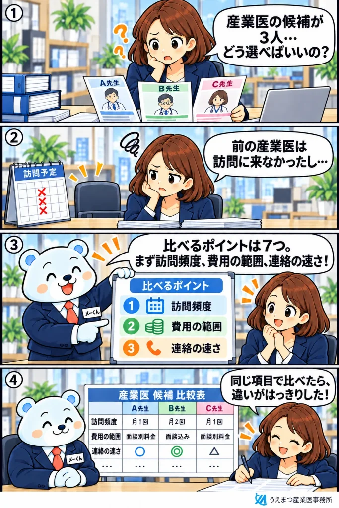 4コマ漫画「産業医の選び方」:産業医の候補3人で迷う人事担当者に、メーくんが比べるポイントは7つで、まず訪問頻度・費用の範囲・連絡の速さを同じ項目で比較すると違いがはっきりすると説明する