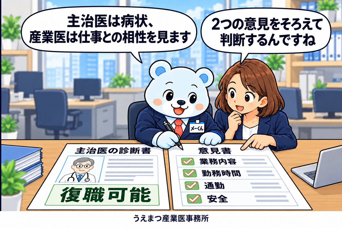 1コマ漫画:主治医の診断書「復職可能」と産業医の意見書(業務内容・勤務時間・通勤・安全)を並べて見比べる。主治医は病状、産業医は仕事との相性を見る
