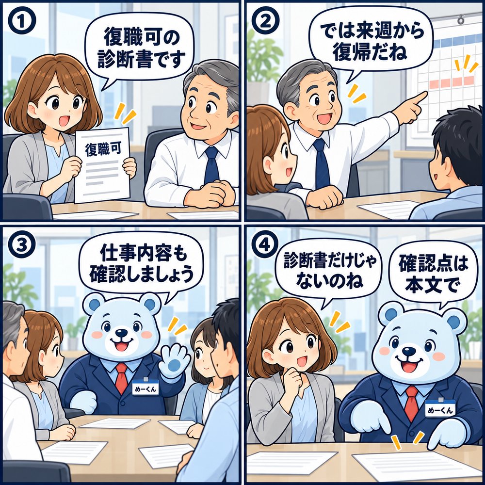 4コマ漫画:復職可の診断書が出て来週から復帰と言う社長に、めーくんは「仕事内容も確認しましょう」