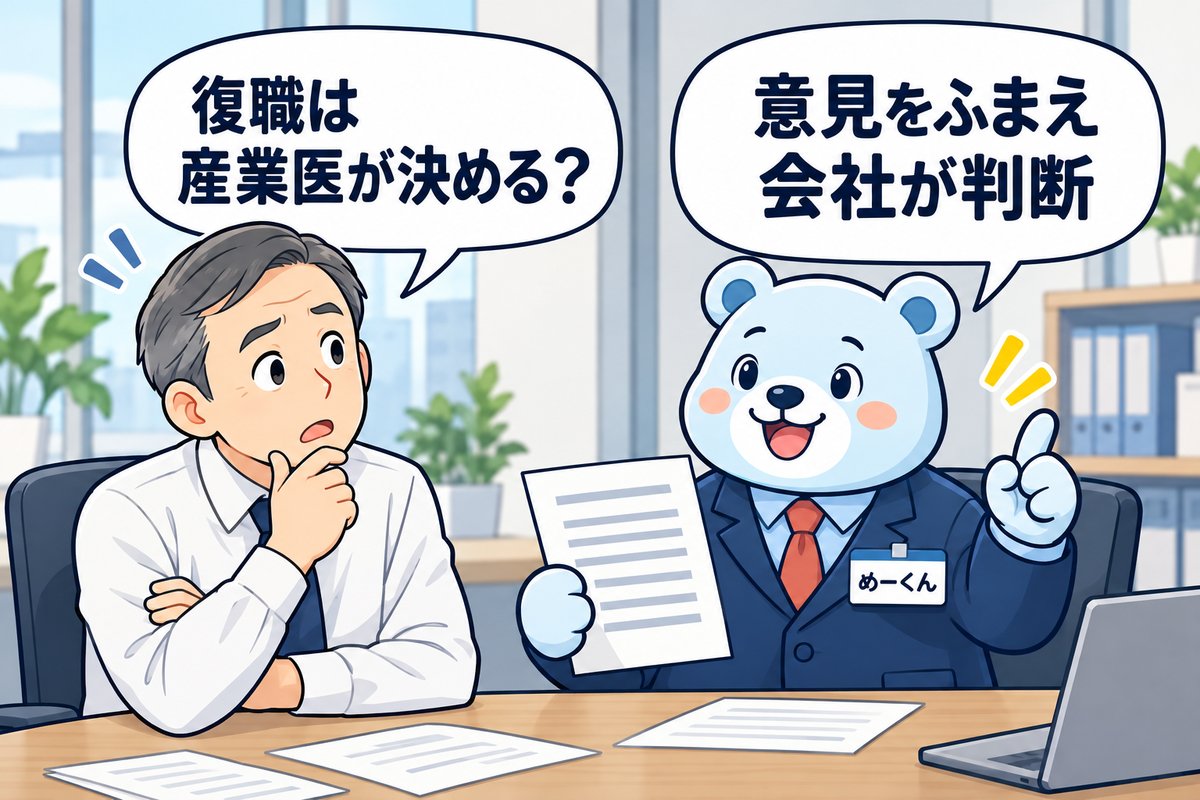 1コマ漫画:復職は産業医が決めるのかと問う社長に、めーくんが「意見をふまえ会社が判断します」