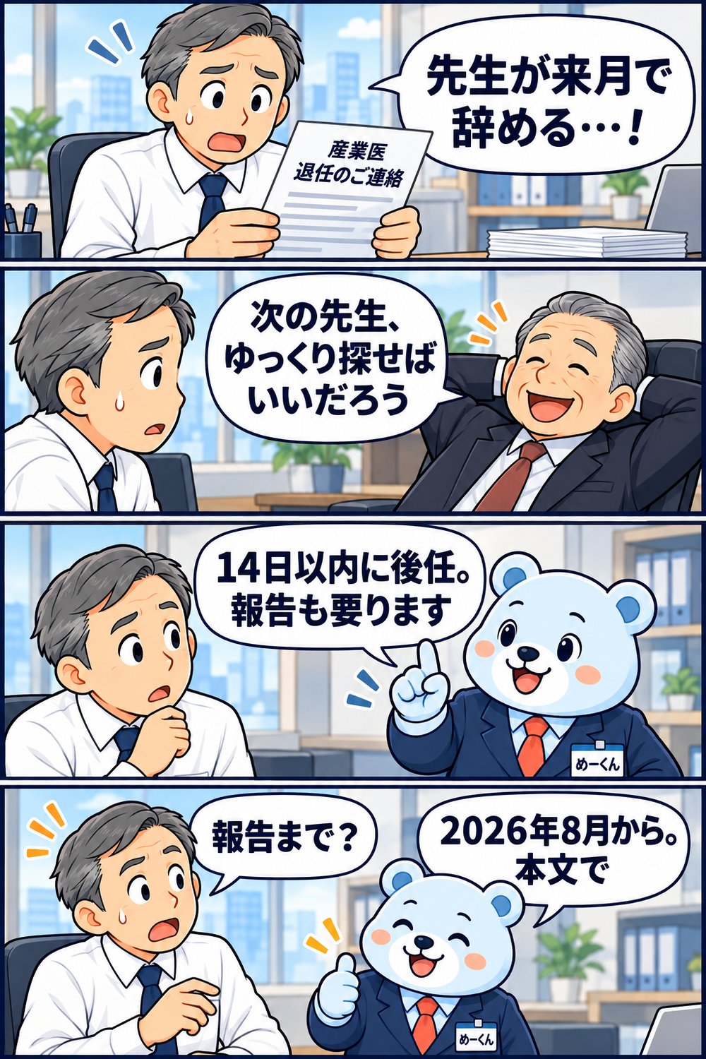4コマ漫画：産業医の退任連絡に慌てる人事担当者。社長はゆっくり探せばいいと言うが、産業医めーくんは「14日以内に後任。2026年8月からは報告も要ります」