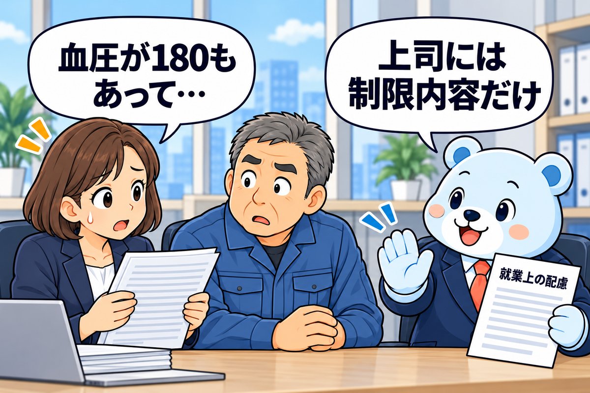 1コマ漫画:上司に血圧の数値を伝えようとする人事担当者に、めーくんが「上司には残業禁止などの制限内容だけ伝えます」