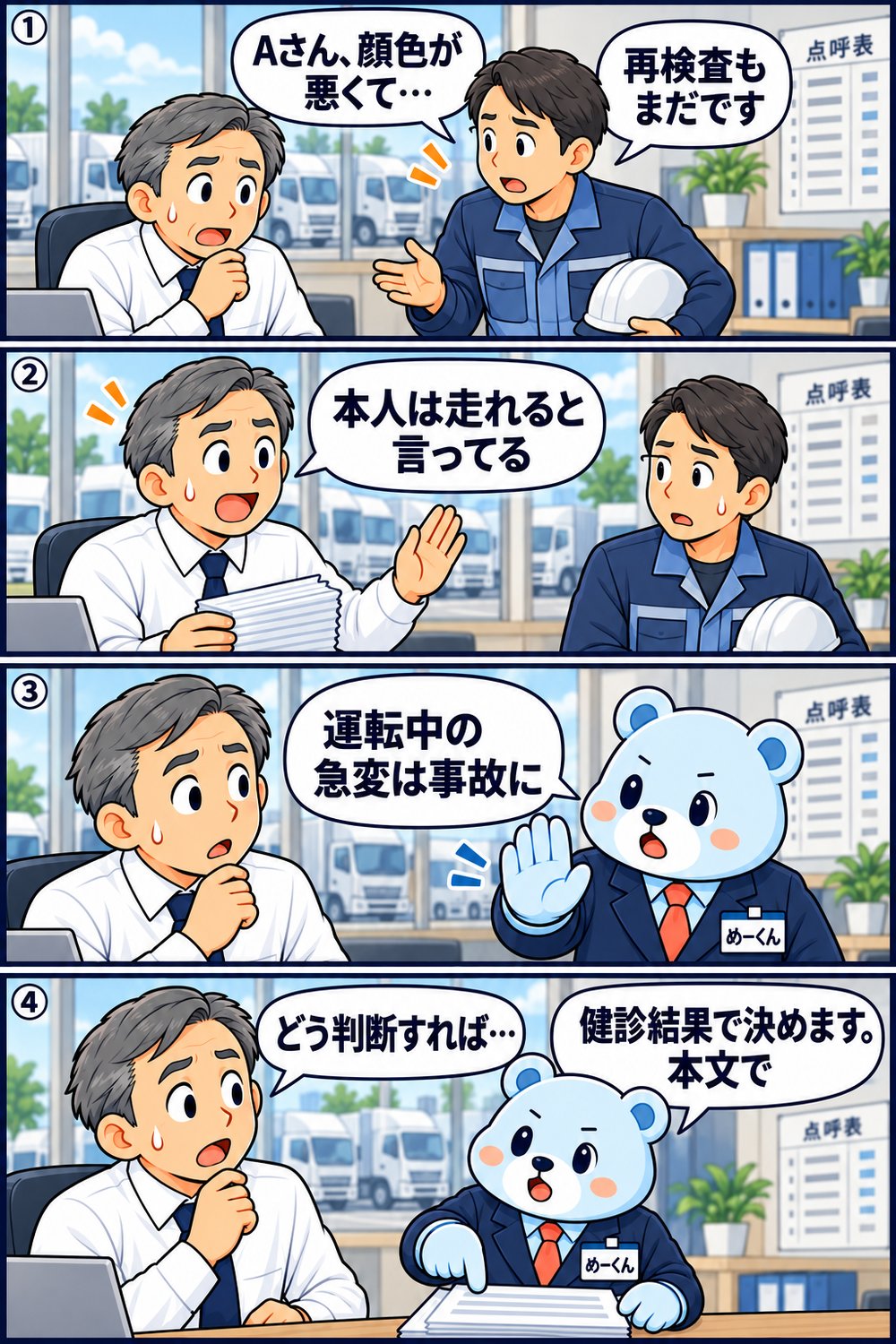 4コマ漫画：点呼で顔色が悪く再検査も未受診の運転手について、社長は本人が走れると言うからと乗務させようとするが、産業医めーくんは「運転中の急変は事故になります。健診結果で判断を」