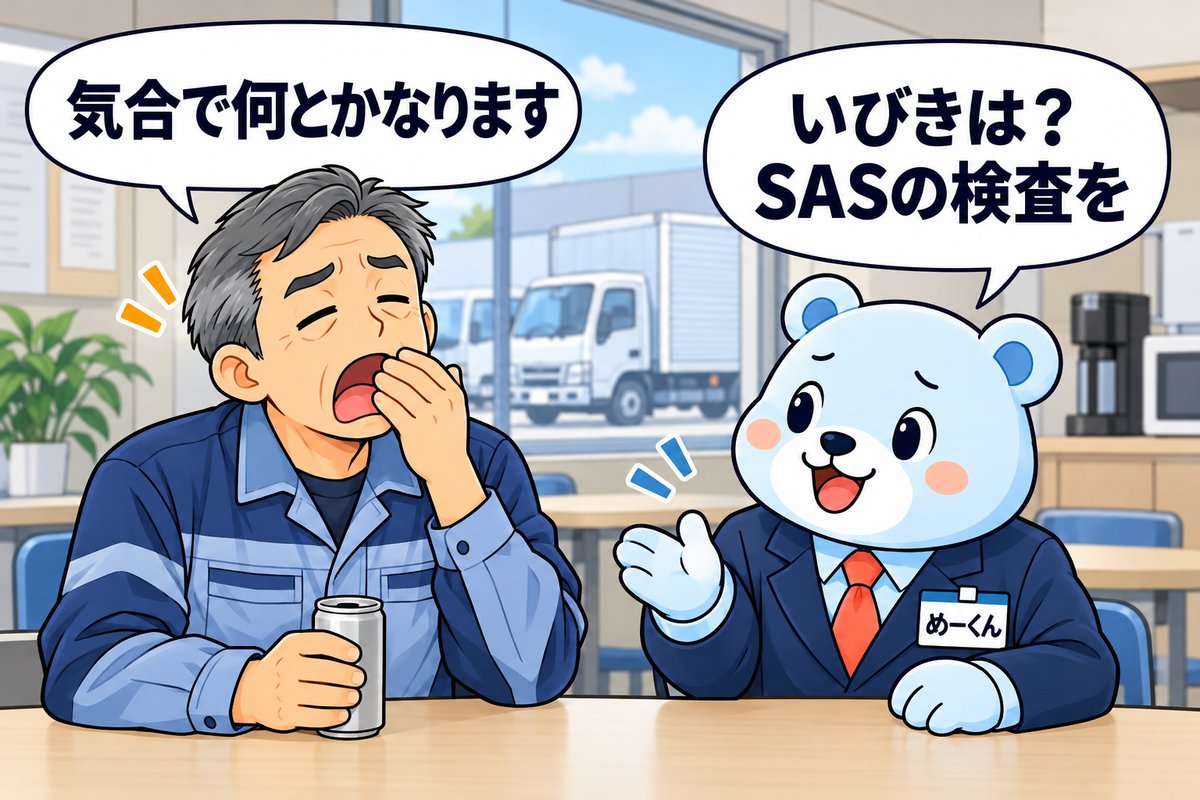 1コマ漫画：夜勤明けの眠気は気合で何とかなると言う運転手に、めーくんが「いびきはありませんか。SAS（睡眠時無呼吸症候群）の検査を」